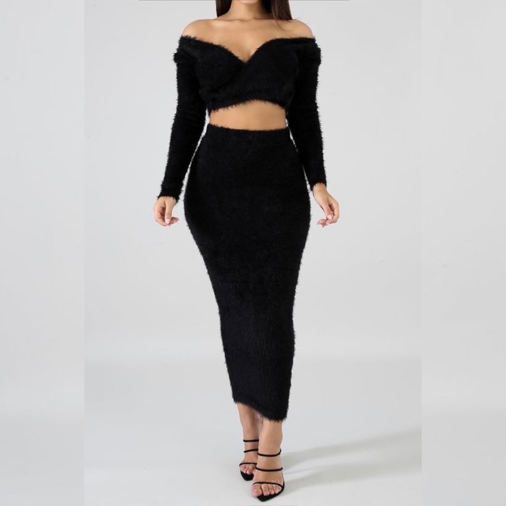 Black Fuzz Maxi Skirt Crop Top Set